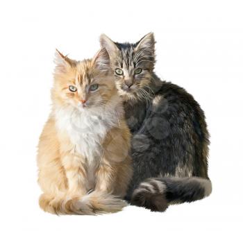 Fluffy red and brown cats isolated on white background .Digital painting.