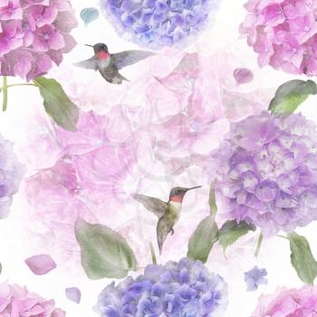 Seamless floral design with hydrangea flowers and hummingbirds for background, Endless pattern.