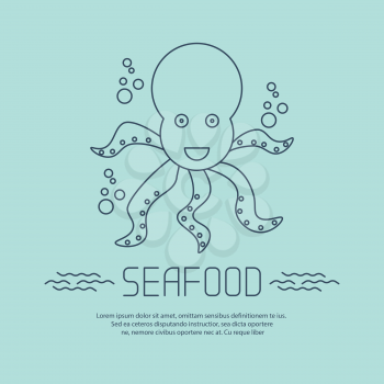 Seafood icon with octopus and bubbles. Vector