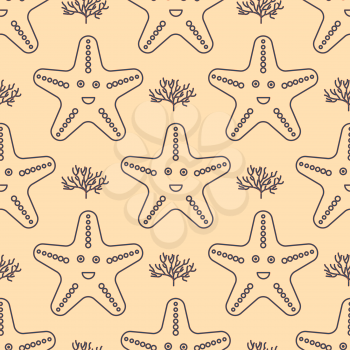 Seamless pattern with starfish and coral. Vector