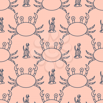 Seamless pattern with crabs and seaweed. Vector