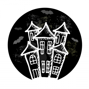 Hand drawn doodle Halloween castle. Black pen objects drawing. Design illustration for poster, flyer over white background.