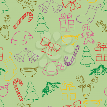 Hand drawn seamless christmas background. Black pen objects drawing. Design illustration for poster, flyer . EPS pattern