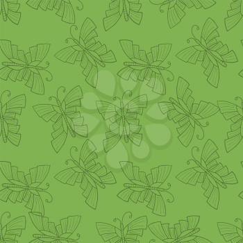 Seamless vector doodle illustration with butterfly over green background. EPS 8