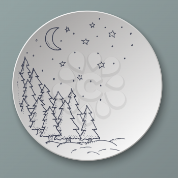 Christmas and New Year Vector greeting card with Christmas trees, moon and stars