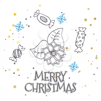 Vector pattern with hand drawn fir trees, gift, bows, christmas toys. Seasonal winter background on the white paper Graphic illustration