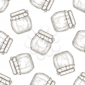 Hand drawn seamless pattern jar of honey over white background. Vector illustration