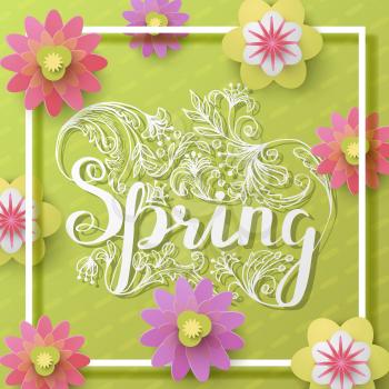 Fresh spring background with lettering and flowers