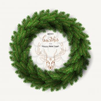 White card with Christmas green wreath. Vector illustration.