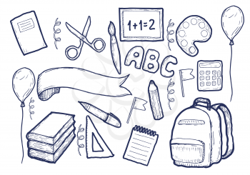 Back to School Supplies Sketchy Notebook Doodles. Hand-Drawn Vector Illustration Design Elements