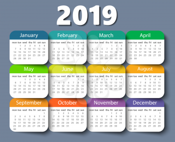 Calendar 2019 year vector design template, Week starting on Monday. EPS10