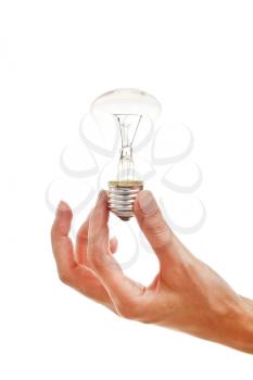 Bulb in hand isolated on white background