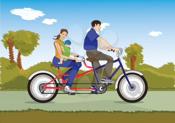 Royalty Free Clipart Image of a Couple on a Tandem Bike With a Child