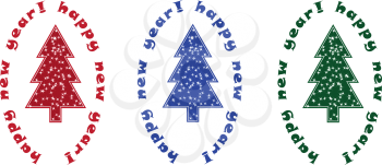 Royalty Free Clipart Image of Three Christmas Trees and a Happy New Year Greeting