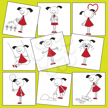 Royalty Free Clipart Image of a Girl Doing Various Activities