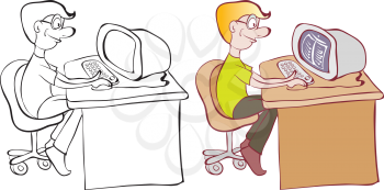 Royalty Free Clipart Image of a Man at a Computer in Black and White and in Colour
