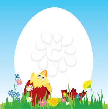 Royalty Free Clipart Image of a Chick and Easter Eggs on the Lawn