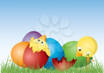 Royalty Free Clipart Image of Easter Eggs and Chick