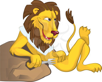 Royalty Free Clipart Image of a Lion in a Bib Holding Utensils and Leaning Against a Stone