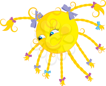 Royalty Free Clipart Image of a Funny Sun With Pigtails