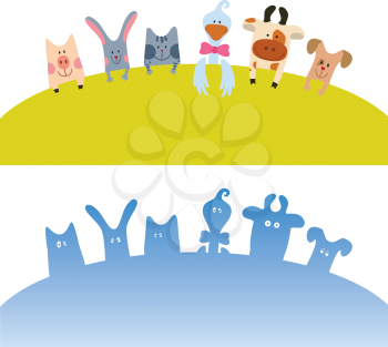 Cartoon farm animals card color and silhouette