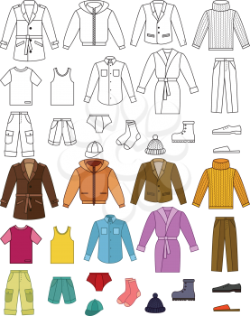 Mens clothing collection - color and outline illustrations