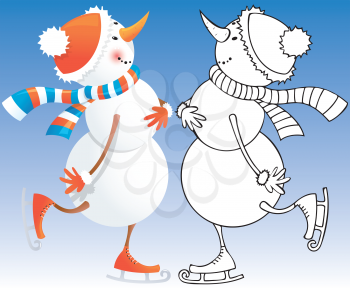 Christmas snowman on skates - color and outline illustration.
EPS10. Contains transparent objects used for shadows