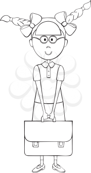 Schoolgirl with briefcase. Contour illustration