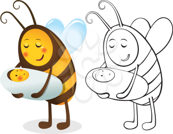 Bee mother and child. Color and contour illustration