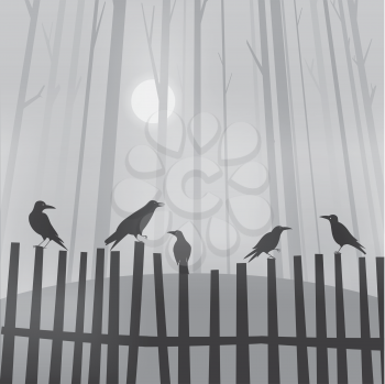 Halloween background with ravens on fence