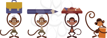 Four isolated monkey - back to school illustration