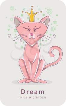 Cat in the crown of dreams. Cartoon funny illustration for cartoon print. T-shirt graphics for kids.
