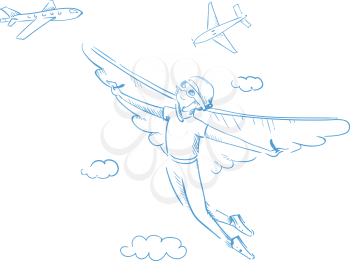 Reaching a dream. A boy with wings flying towards his dream. Outline illustration contour; vector