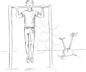 The sportsman pulls up on the bar. Work to achieve the goal. Outline illustration