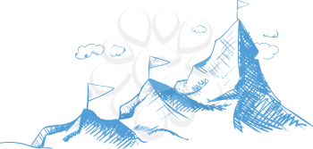 Reaching a dream. Move up and forward. Mountains and conquered peaks. Outline illustration