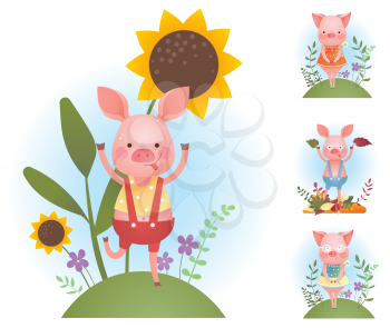 Funny piggy backgrounds set - vector humor color illustration