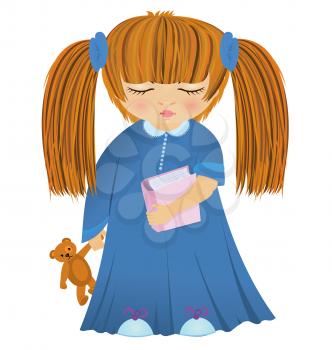 Royalty Free Clipart Image of a Sleepy Girl Holding a Book