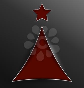 Vector illustration of red Christmas tree with star cut out of paper with realistic shadow.