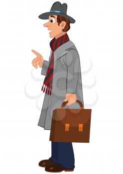Illustration of cartoon male character isolated on white. Cartoon man in gray hat coat and briefcase.




