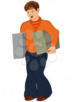 Illustration of cartoon male character isolated on white. Cartoon man in orange holding two big boxes.




