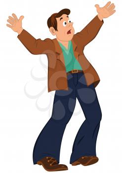 Illustration of cartoon male character isolated on white. Cartoon man with open mouth holding hands up.





