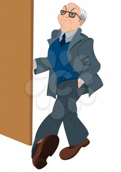 Illustration of cartoon male character isolated on white. Retro hipster old man opening door.




