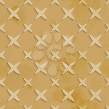 Abstract 3d geometrical seamless background. Brown recycling paper with grange and stains layered with cut out of paper stars pattern. 
