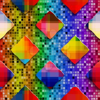 Abstract 3d geometrical seamless background. Rainbow colored rectangles on rainbow colored mosaic. 


