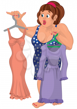 Illustration of cartoon female character isolated on white. Cartoon overweight young woman holding dresses.




