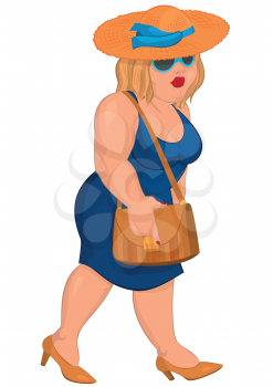 Illustration of cartoon female character isolated on white. Cartoon overweight young woman in blue dress and straw hat.





