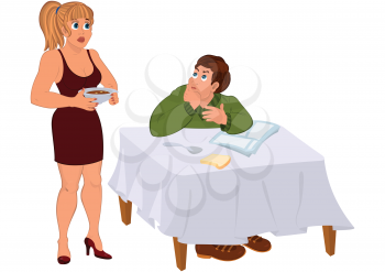 Illustration of cartoon couple  isolated on white. Cartoon wife serving dinner for husband.




