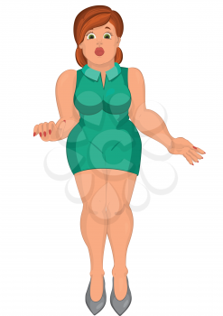 Illustration of cartoon female character isolated on white. Cartoon young fat woman in green dress front view.
