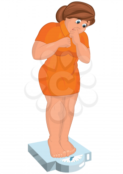 Illustration of cartoon female character isolated on white. Cartoon young fat woman in orange dress barefoot looking at the scale.

