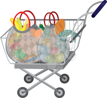Illustration of cartoon shopping cart full of groceries isolated on white. Grocery store shopping cart with full bags.
